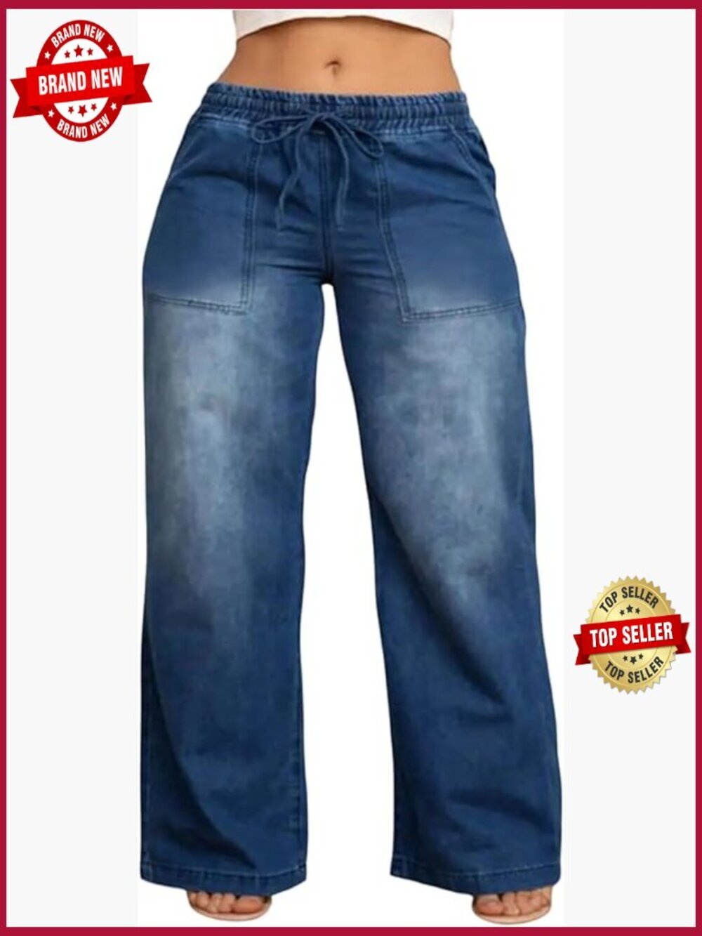 Plus Size Drawstring Waist Wide Leg Denim Jeans Baggy Loose Fit